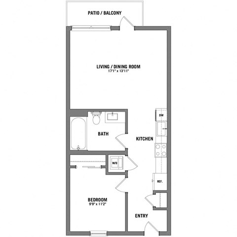 Floor plan for 1 bed, 1 bath, 673 sqft